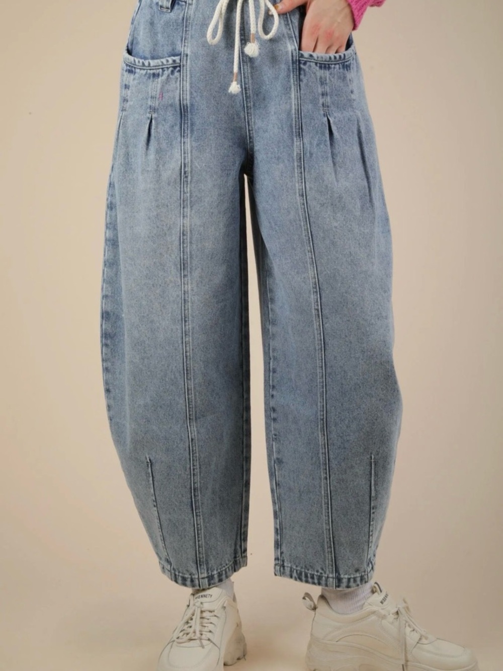 Very J Washed Denim Barrel Leg Pants with Drawstring Waist